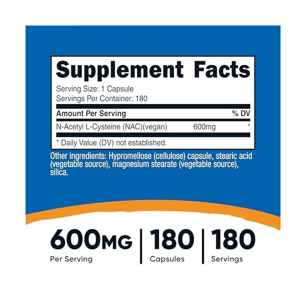 Nutricost N-acétyle L-cystéine NAC 600 mg, 180 capsules – Sans OGM, sans gluten