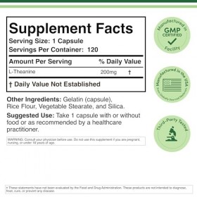 L-théanine 200 mg 60 capsules Testé par des tiers Fabriqué aux États-Unis Multi-vitamines et minéraux