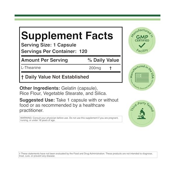 L-théanine 200 mg 60 capsules Testé par des tiers Fabriqué aux États-Unis Multi-vitamines et minéraux