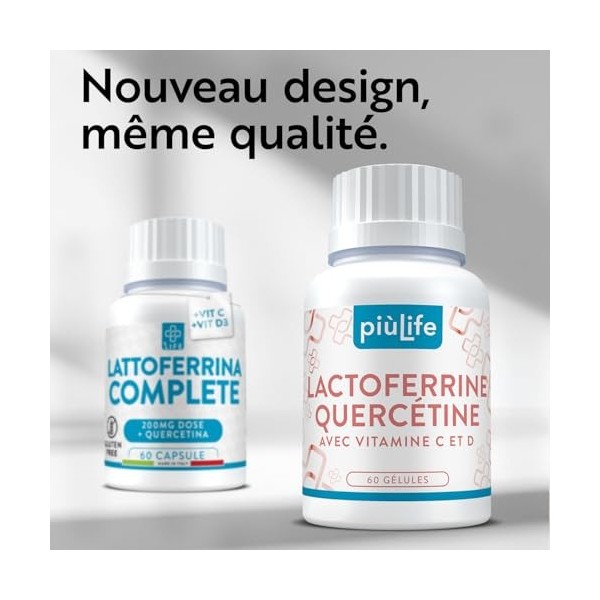 Lactoferrine Quercétine avec Vitamines C et D PiùLife – Routine quotidienne pour les défenses naturelles et le bien-être – 60