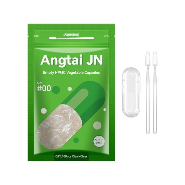 Angtai JN Gélules Vides Végétales à Remplir Taille 00 100 unités Capsule Vide avec Micro Cuillère,Certifié Casher,Halal,Emp M...