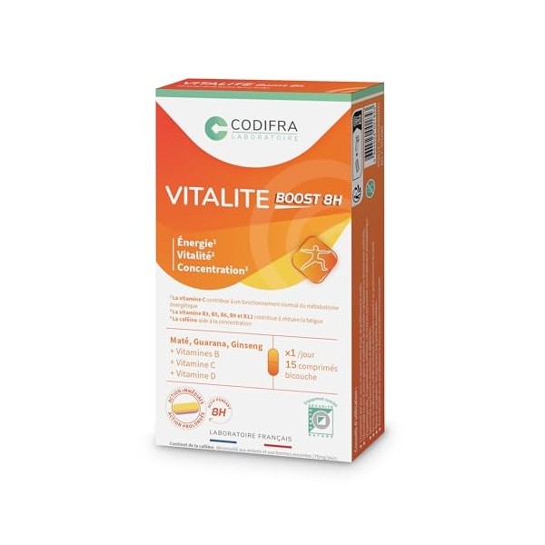 Codifra - Vitalite Boost 8h, Complément Alimentaire Fatigue, Tonus et Vitalité - Boost Naturel - Maté, Guarana, Ginseng, Magn