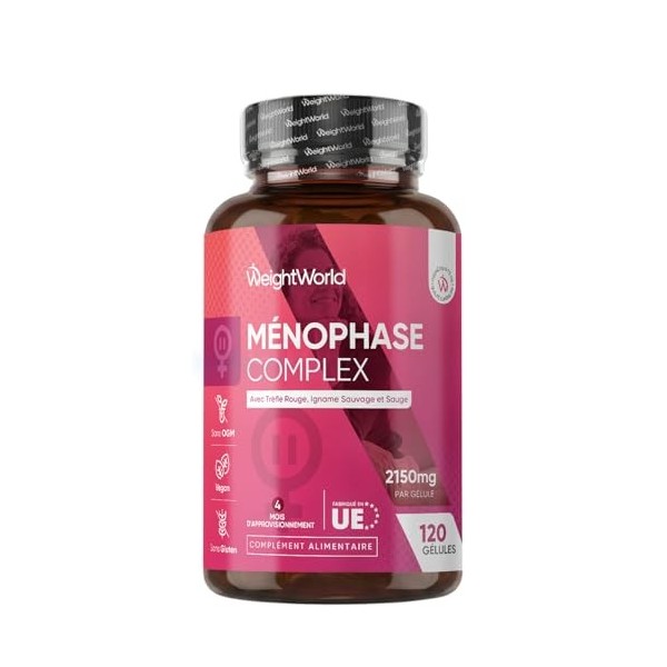 Menophase Complex 2150mg par portion - avec Vitamines B6, B9, B12 et D3 - Magnésium, fer et zinc - 120 Gélules Vegan 4 mois 