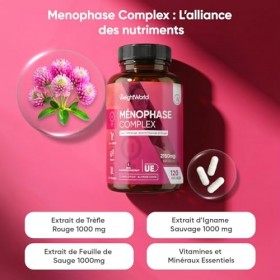 Menophase Complex 2150mg par portion - avec Vitamines B6, B9, B12 et D3 - Magnésium, fer et zinc - 120 Gélules Vegan 4 mois 