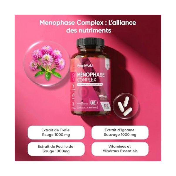 Menophase Complex 2150mg par portion - avec Vitamines B6, B9, B12 et D3 - Magnésium, fer et zinc - 120 Gélules Vegan 4 mois 