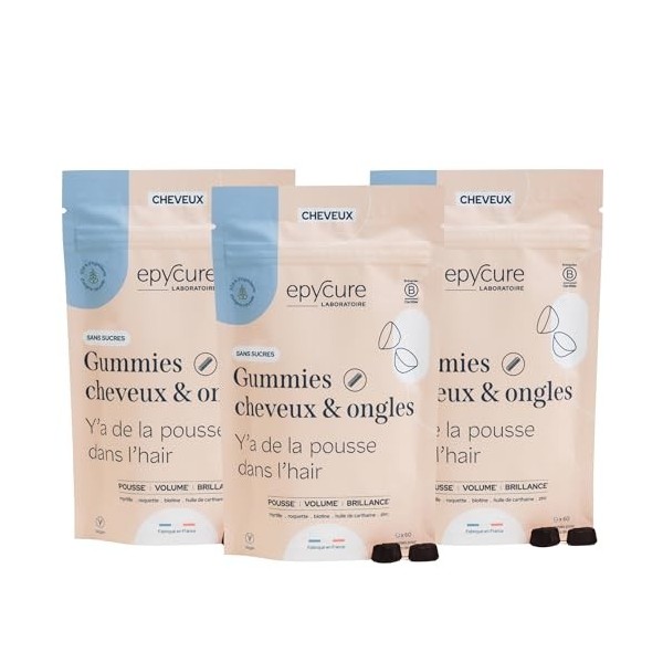EPYCURE - Gummies Cheveux & Ongles Sans Sucres - Stimule Pousse, Brillance & Résistance - 97% Naturel - Vitamines B6, B5, Bio