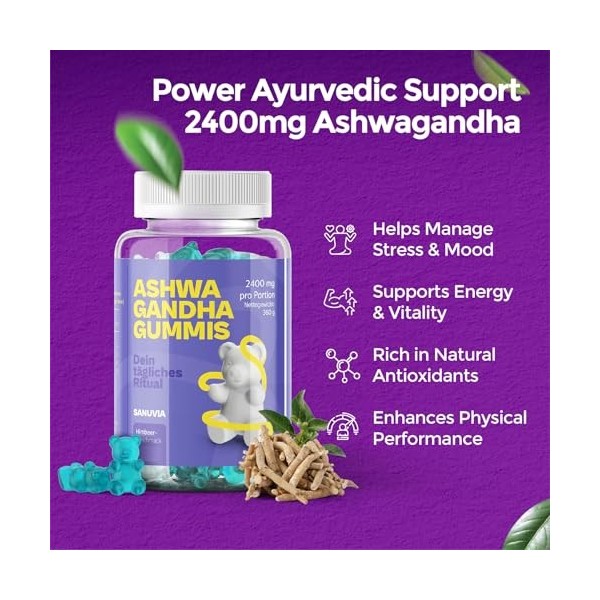 Gummies à lashwagandha 2400 mg – Paquet de 120 | Extrait de racine dashwagandha haute concentration 30:1 | Soulage le str
