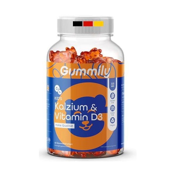 Gomitas de calcium et de vitamine D3 pour enfants et adultes - Sans sucre et en doses élevées 320 mg de calcium + 800 UI de 