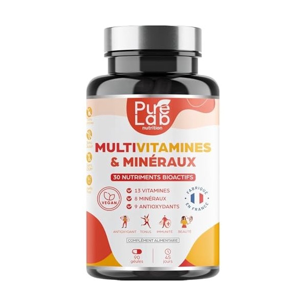 MULTIVITAMINES ET MINERAUX 30 Nutriments Bioactifs - 90 gélules Vegan 45 jours - Immunité, Tonus, Antioxydant - Dosage optima