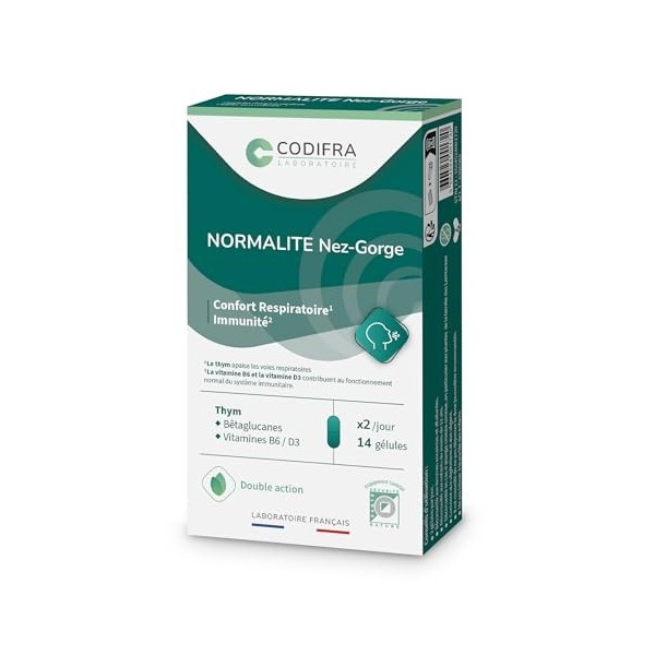 Codifra - Normalite Nez-Gorge, Complément Alimentaire Confort Respiratoire, Immunité, Toux et Fatigue - Thym, Bêta-Glucanes,