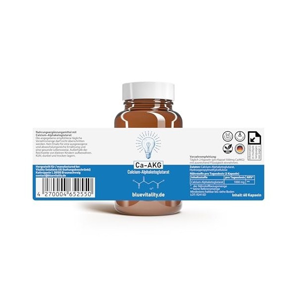 BlueVitality | Ca-AKG | Alpha-cétoglutarate de calcium | 1000 mg de Ca-AKG par dose journalière | 60 capsules | Testé et cert