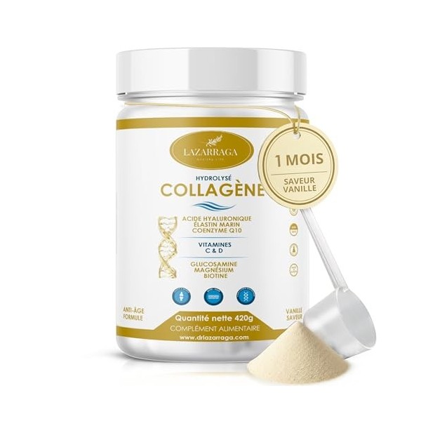 COLLAGÈNE HYDROLYSÉ COMPLEX 9 EN 1 | Élastine marine + Acide hyaluronique + Coenzyme Q10 + Glucosamine + Biotine + Vitamines 