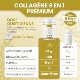 COLLAGÈNE HYDROLYSÉ COMPLEX 9 EN 1 | Élastine marine + Acide hyaluronique + Coenzyme Q10 + Glucosamine + Biotine + Vitamines 