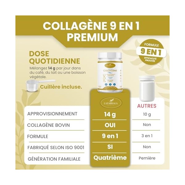 COLLAGÈNE HYDROLYSÉ COMPLEX 9 EN 1 | Élastine marine + Acide hyaluronique + Coenzyme Q10 + Glucosamine + Biotine + Vitamines 