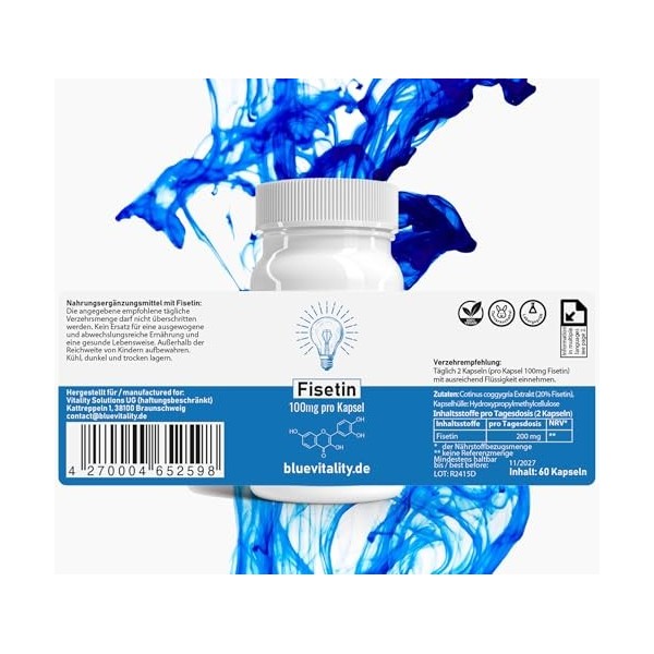 BlueVitality | Fisétine | 200 mg de fisétine par dose quotidienne | 60 capsules | Testé et certifié par un laboratoire indépe