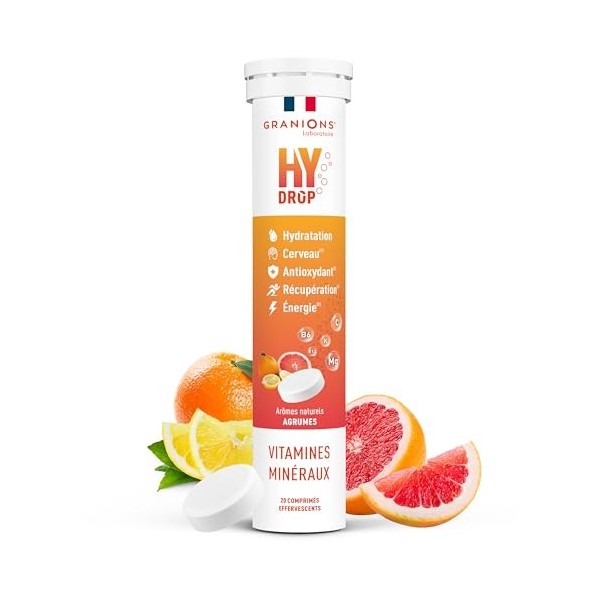 GRANIONS HYDROP - Pastilles Hydratation - Agrumes - SANS SUCRES - Fabriqué en France - Electrolytes - Vitamines, Minéraux, Ma