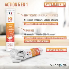 GRANIONS HYDROP - Pastilles Hydratation - Agrumes - SANS SUCRES - Fabriqué en France - Electrolytes - Vitamines, Minéraux, Ma