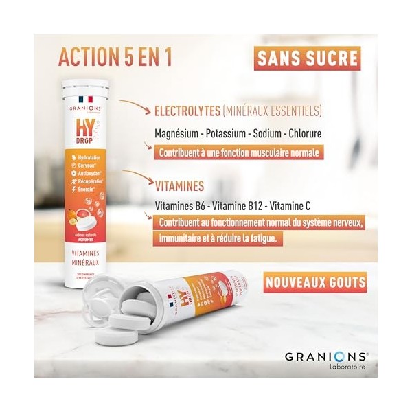 GRANIONS HYDROP - Pastilles Hydratation - Agrumes - SANS SUCRES - Fabriqué en France - Electrolytes - Vitamines, Minéraux, Ma