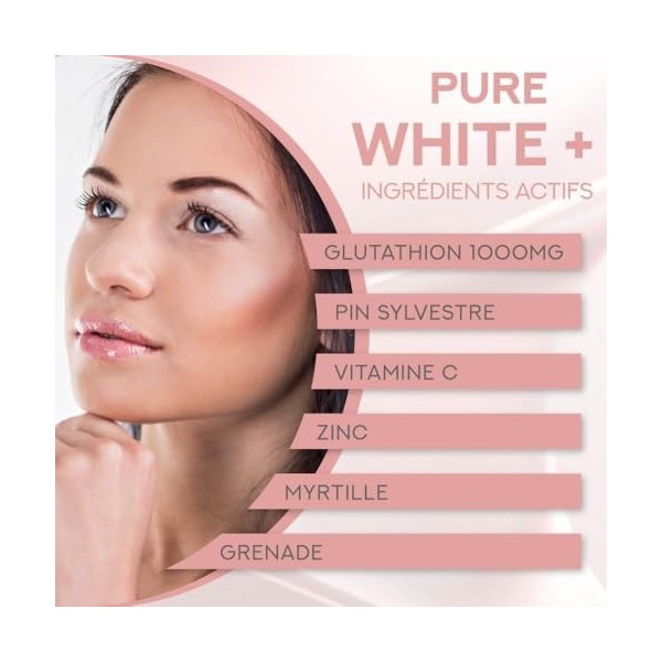 PURE WHITE + GLUTATHION 1000mg - Complément Alimentaire Antioxydant Ultra-Concentré - Peau Eclatante, Contre le Stress Oxydat...