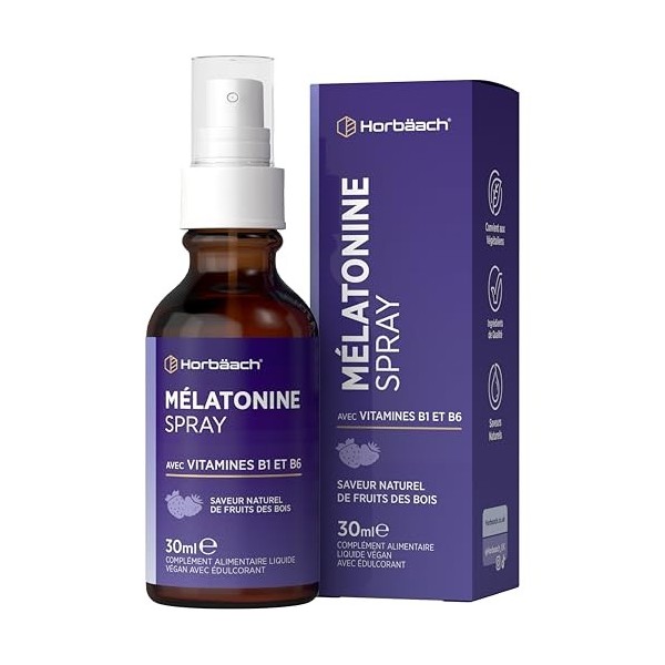 Mélatonine Spray Hautement Dosé | Spray pour l’Endormissement avec Vitamine B6 & B1 | Saveur Baies Sauvages | 0,5 mg par Jour