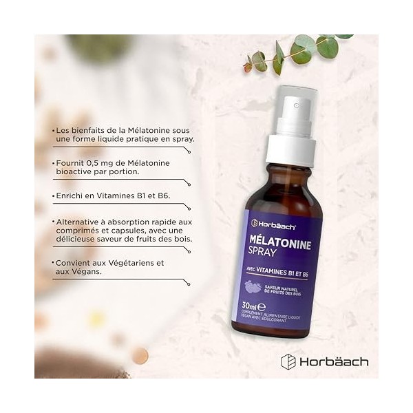 Mélatonine Spray Hautement Dosé | Spray pour l’Endormissement avec Vitamine B6 & B1 | Saveur Baies Sauvages | 0,5 mg par Jour