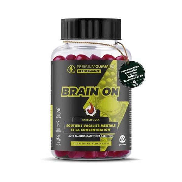 Gommes énergisantes avec caféine, L-théanine, L-taurine, L-carnitine, vitamine C et B6 - Goût cola - Énergie et concentration