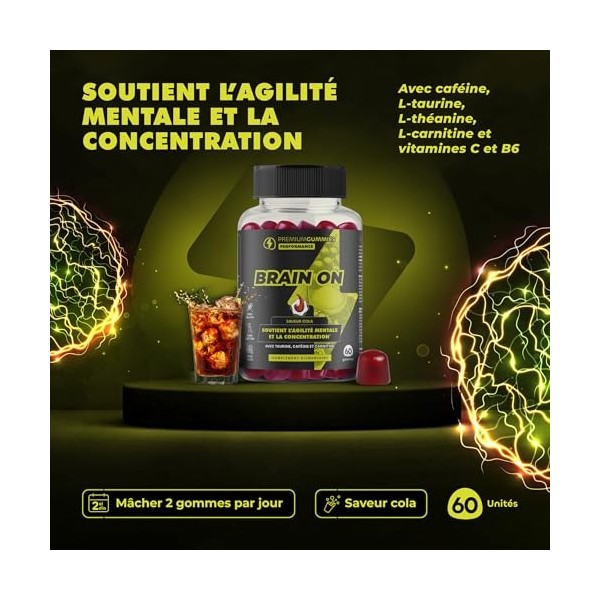 Gommes énergisantes avec caféine, L-théanine, L-taurine, L-carnitine, vitamine C et B6 - Goût cola - Énergie et concentration