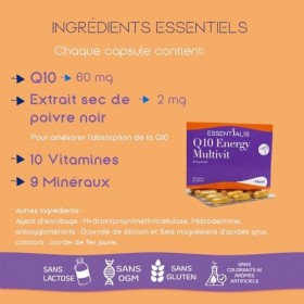 Essentialis Q10 Energy Multivit - Multivitamines avec Coenzyme Q10, Vitamines B, C, D, Magnésium, Zinc - Énergie et Anti-Fati