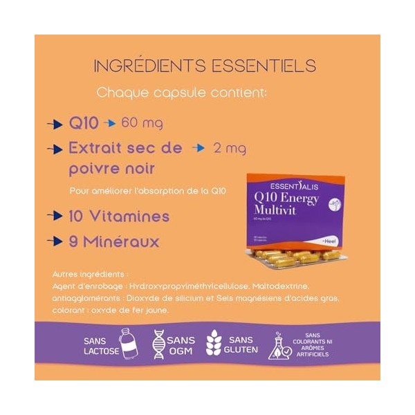 Essentialis Q10 Energy Multivit - Multivitamines avec Coenzyme Q10, Vitamines B, C, D, Magnésium, Zinc - Énergie et Anti-Fati