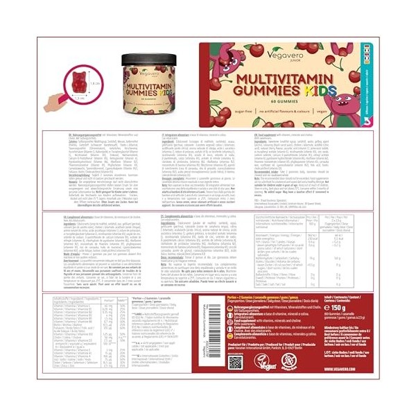 Gummies Enfant Multivitamines | Sans Sucre | 17 Nutriments : Vitamines C, D, B, Zinc, Sélénium, Iode… | Immunité + Fatigue | 