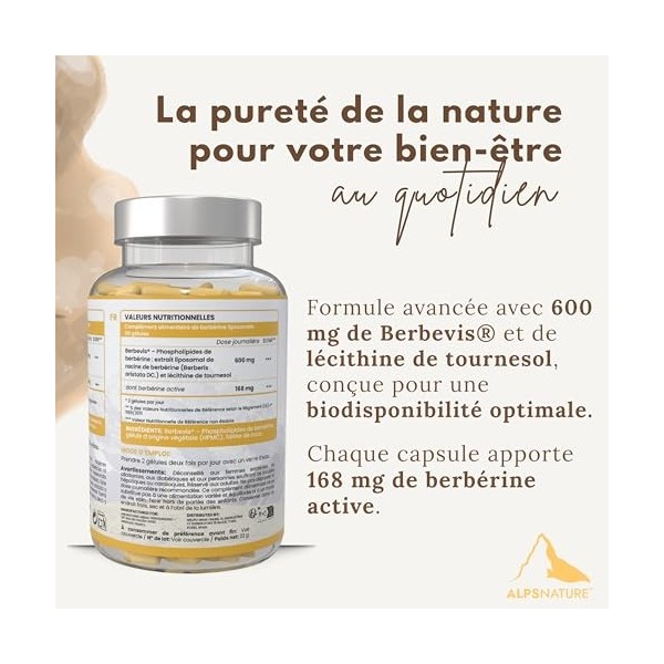ALPS NATURE Berbérine Liposomale Berbevis® 600 mg - Régulation du Sucre 10x Plus Efficace - Complément Berbérine Haute Absorp