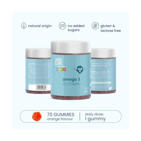Jelly Pills Gummies Fer Enfants Omega 3 avec DHA de Micro-Algues – 70 Gummies – Sans Sucres Ajoutés – Goût Orange – Soutien d