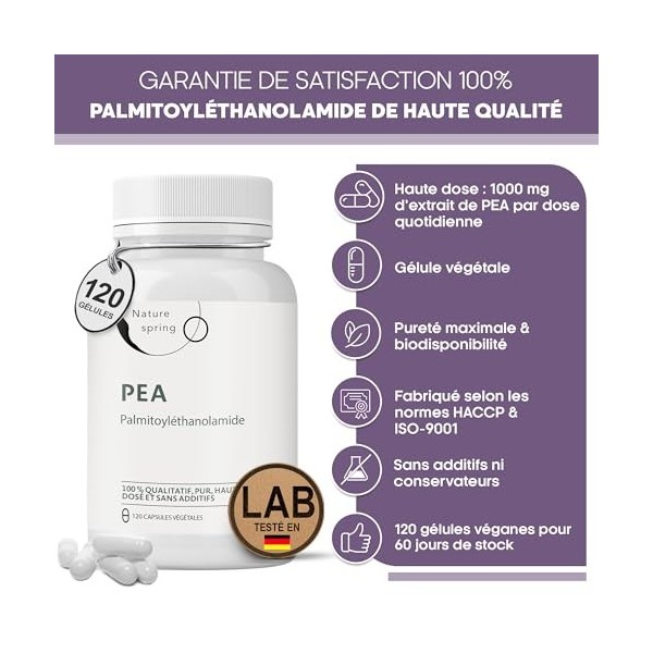 PEA Capsules 500 mg – Palmitoyléthanolamide Hautement Dosée – 1 000 mg par Dose Journalière – Substance Pure à Ingrédient Uni