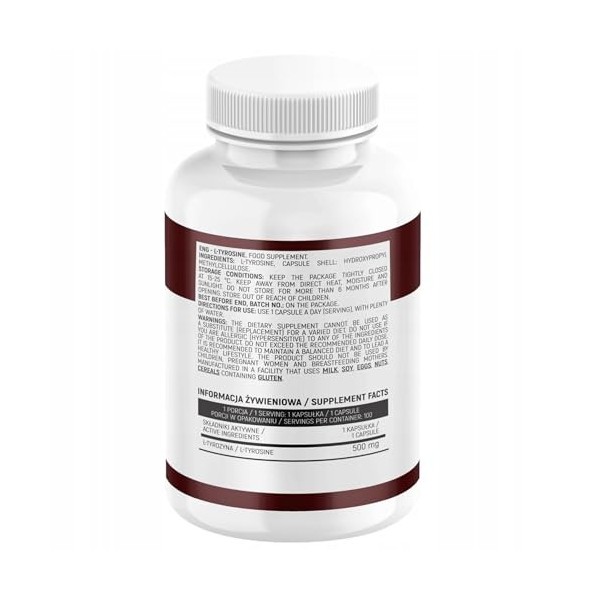 L-Tyrosine 500 mg 100 Gélules Complément Alimentaire Gélules Végétales Formule Simple Avec L-Tyrosine Et HPMC Utilisation Quo