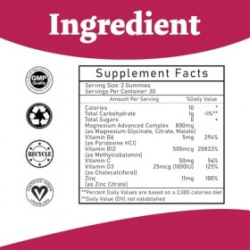 Gommes de complexe de magnésium 800 mg - 60 unités. Gommes de magnésium glycinate, citrate et malate pour le repos et la fo
