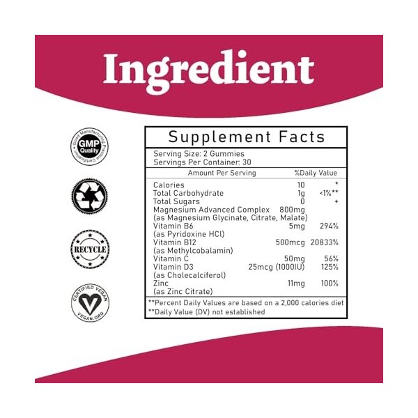 Gommes de complexe de magnésium 800 mg - 60 unités. Gommes de magnésium glycinate, citrate et malate pour le repos et la fo