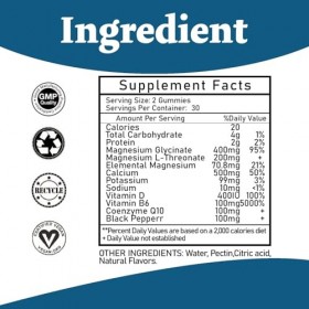 Gommes de glycinate de magnésium 400 mg - L-thréonate de magnésium 200 mg avec vitamine CoQ10