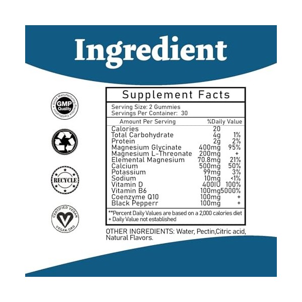 Gommes de glycinate de magnésium 400 mg - L-thréonate de magnésium 200 mg avec vitamine CoQ10