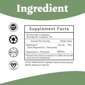 Gélules de L-thréonate de magnésium 1800 mg – 120 gélules – Complément de magnésium à haute absorption – Forme biodisponible 