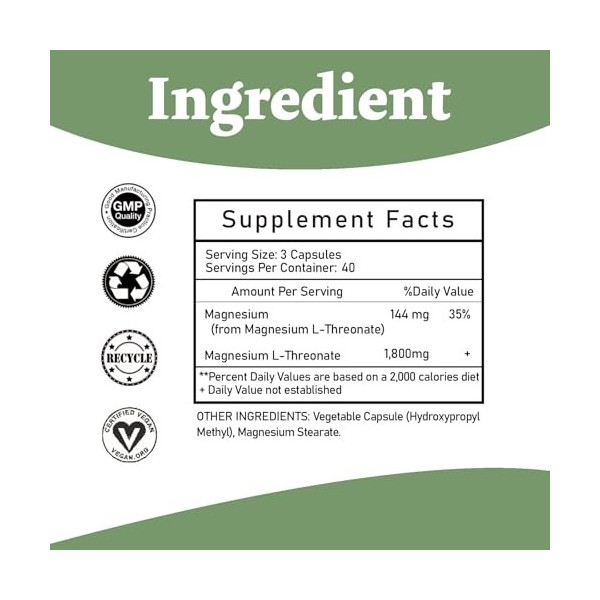 Gélules de L-thréonate de magnésium 1800 mg – 120 gélules – Complément de magnésium à haute absorption – Forme biodisponible 