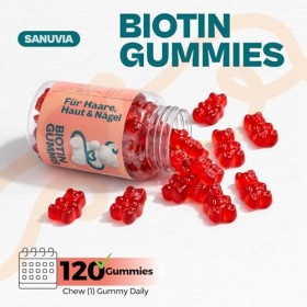 Gummies de Biotine 5000 µg – Pour les Cheveux, la Peau et les Ongles – Oursons Véganes à Haute Concentration – Avec Zinc, Vit