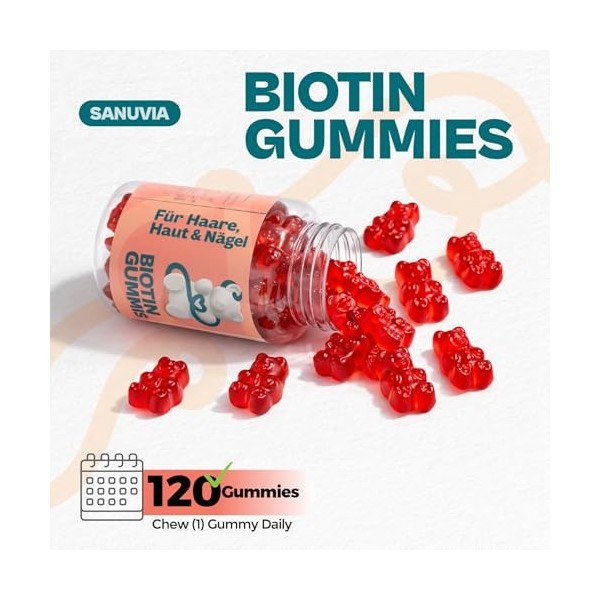 Gummies de Biotine 5000 µg – Pour les Cheveux, la Peau et les Ongles – Oursons Véganes à Haute Concentration – Avec Zinc, Vit