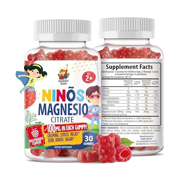 SUNNY SAM Gomitas de magnésium pour enfants et adultes 100 mg Calm Magnesium Chews Sup à mâcher avec citrate de magnésium