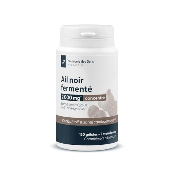 Ail noir concentré 2000 mg – Extrait titré à 0,25% de S-Allyl-Cystéine SAC – 120 gélules végétales HPMC – 2 mois de cure 
