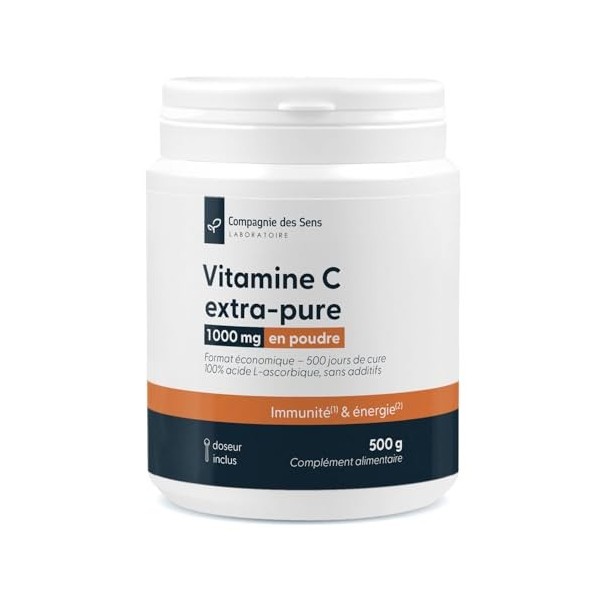 Vitamine C extra-pure acide L-ascorbique ≥ 99% – Poudre en vrac 500 g – Cuillère doseuse intégrée – 2 doses/jour 1000 mg 