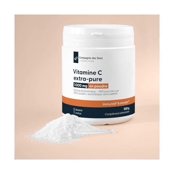 Vitamine C extra-pure acide L-ascorbique ≥ 99% – Poudre en vrac 500 g – Cuillère doseuse intégrée – 2 doses/jour 1000 mg 