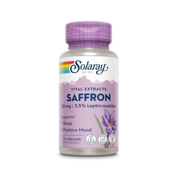 SOLARAY Extrait de safran - Favorise le sommeil et lhumeur positive - Compléments de safran végétaliens et sans gluten - Vér