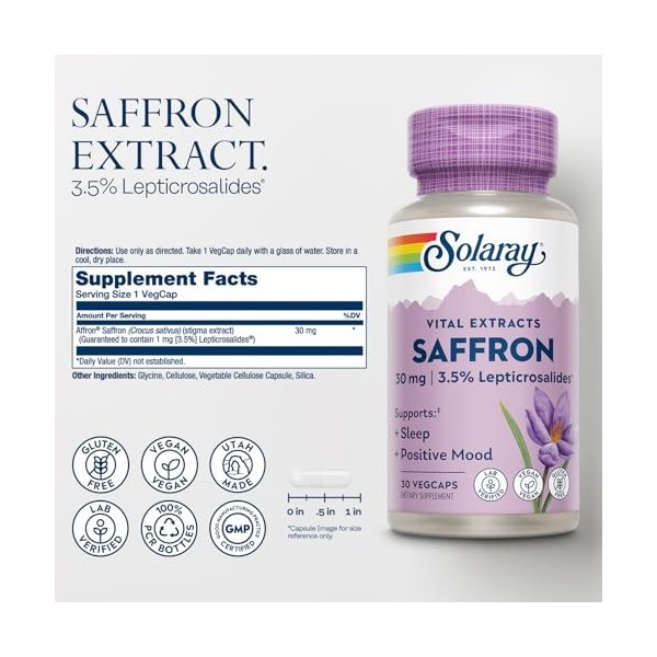 SOLARAY Extrait de safran - Favorise le sommeil et lhumeur positive - Compléments de safran végétaliens et sans gluten - Vér