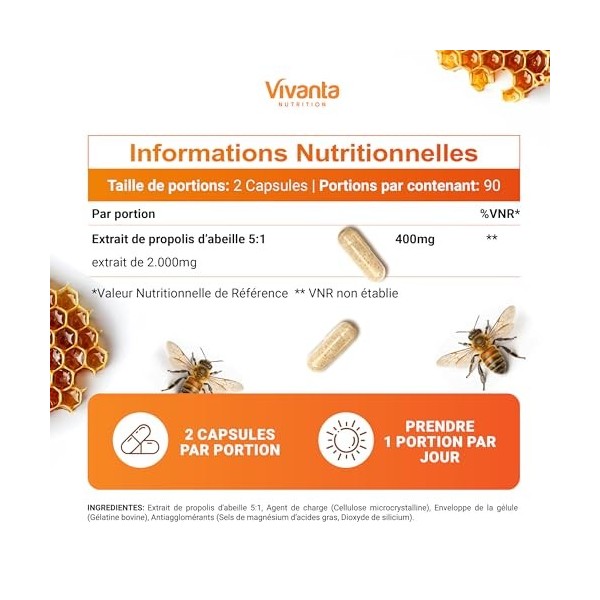Gélules de Propolis - Propolis pure 5:1, extrait équivalent à 2000 mg, 180 capsules, cure de 3 mois