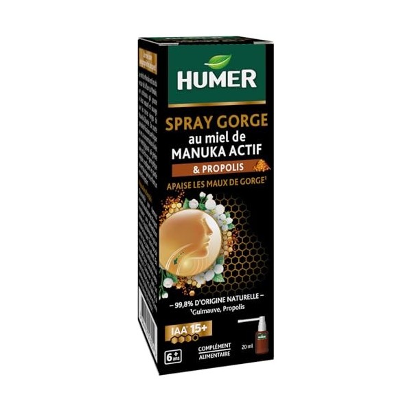 Humer - Spray gorge Manuka 15+ - Apaise la gorge - A base de Miel de Manuka 15+, de Propolis et de Guimauve - 4 pulvérisation